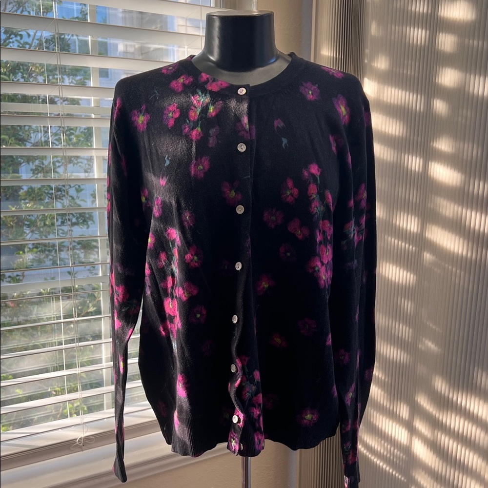 Black Floral Button-Up Cardigan - Pink/Purple Flowers